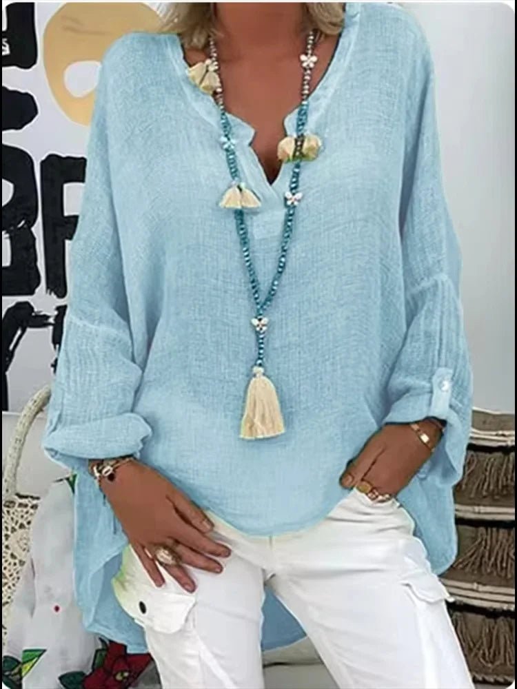 Plus Size Women's Blouse Long Sleeve V-Neck Relaxed Fit - Blue