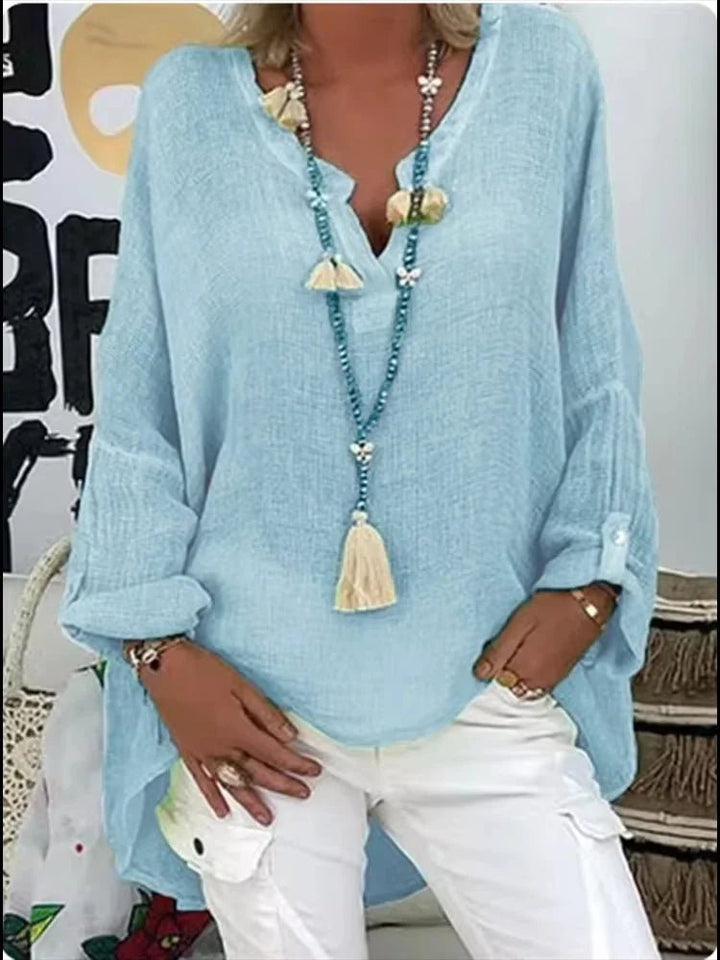 Plus Size Women's Blouse Long Sleeve V-Neck Relaxed Fit - Blue