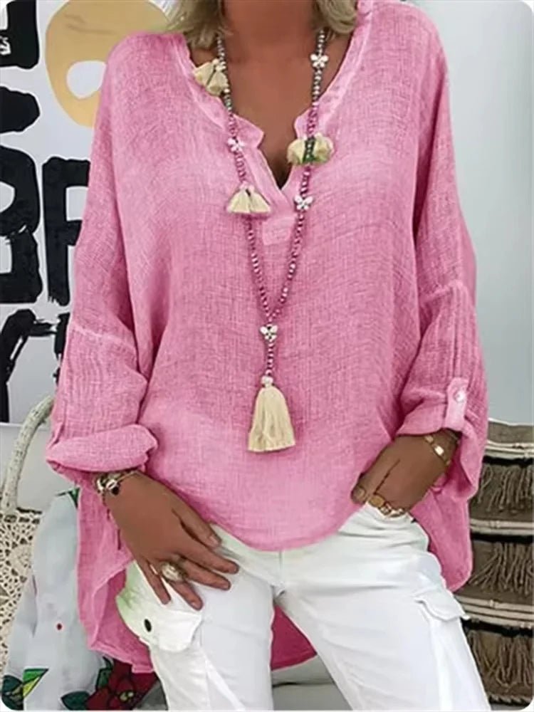 Plus Size Women's Blouse Long Sleeve V-Neck Relaxed Fit - Pink