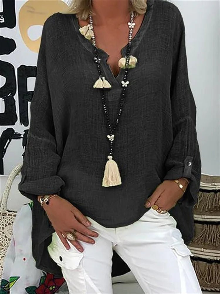 Plus Size Women's Blouse Long Sleeve V-Neck Relaxed Fit - Black