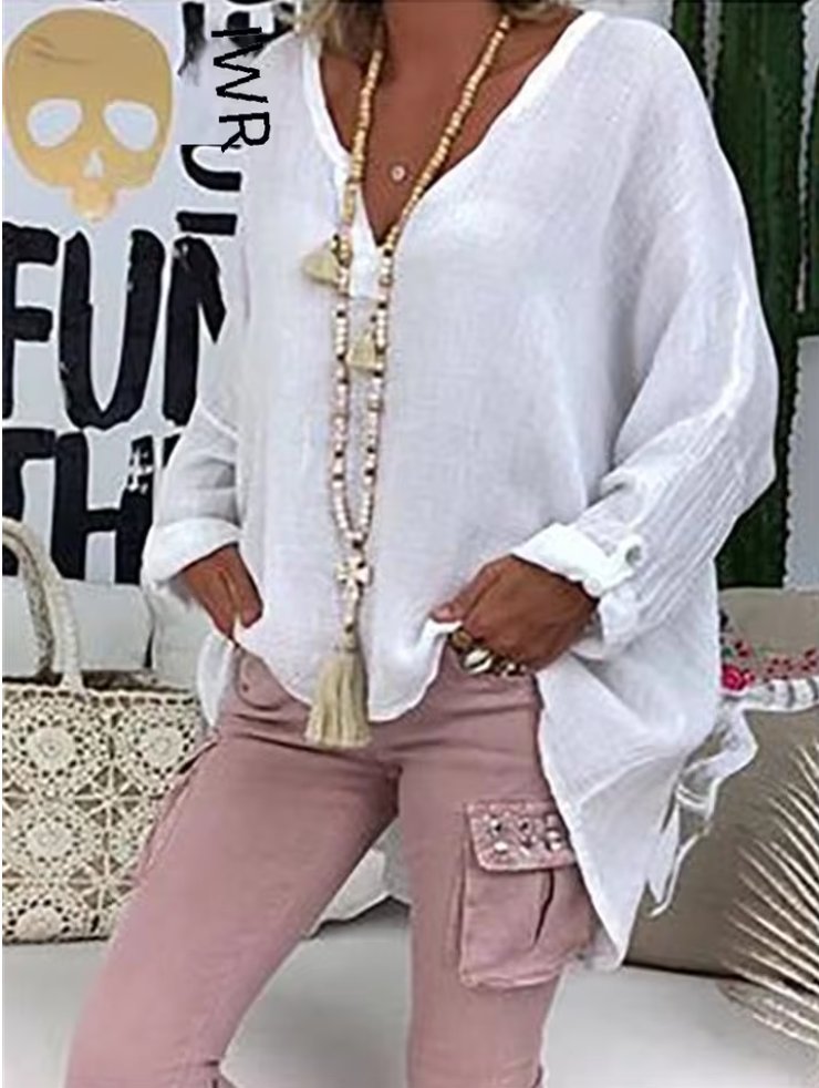 Plus Size Women's Blouse Long Sleeve V-Neck Relaxed Fit - White