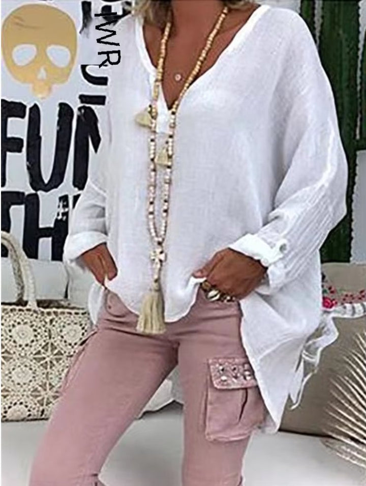 Plus Size Women's Blouse Long Sleeve V-Neck Relaxed Fit - White