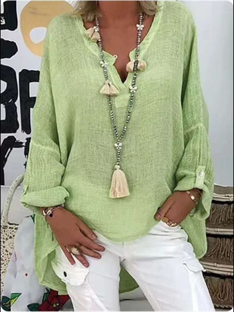 Plus Size Women's Blouse Long Sleeve V-Neck Relaxed Fit - Green