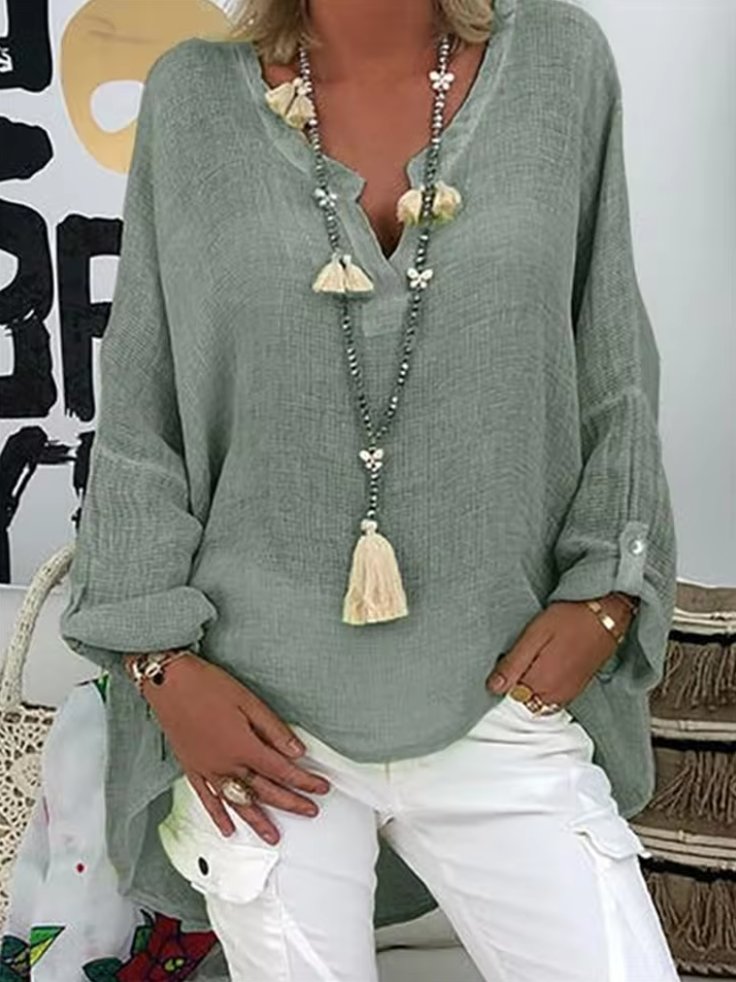 Plus Size Women's Blouse Long Sleeve V-Neck Relaxed Fit - Green Gray