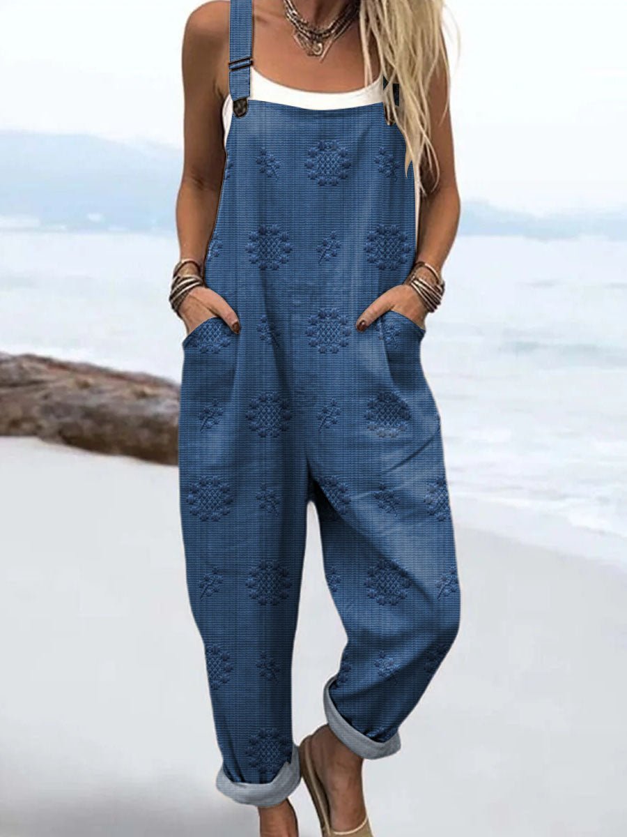 Relaxed Pattern Jumpsuit Wide Leg Adjustable Straps - Blue