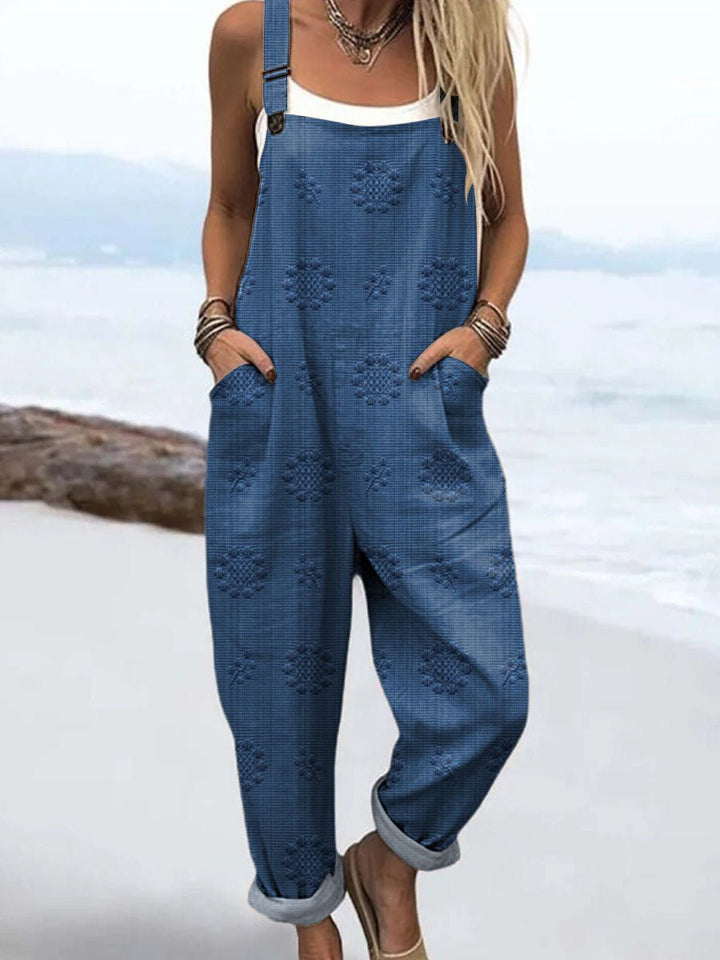 Relaxed Pattern Jumpsuit Wide Leg Adjustable Straps - Blue