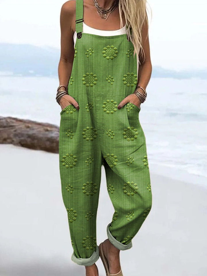 Relaxed Pattern Jumpsuit Wide Leg Adjustable Straps - Green