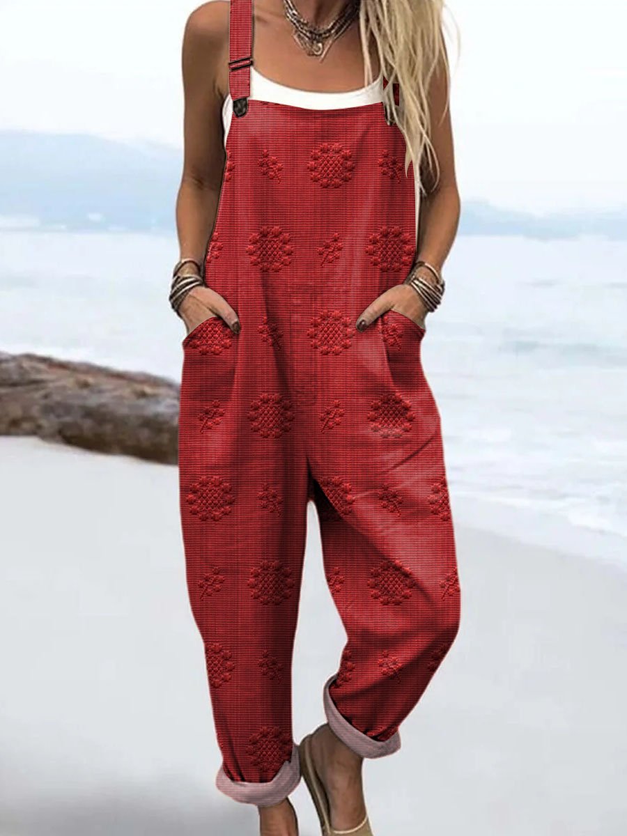Relaxed Pattern Jumpsuit Wide Leg Adjustable Straps - Red