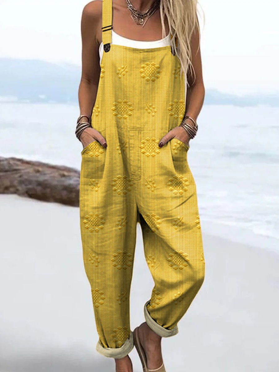 Relaxed Pattern Jumpsuit Wide Leg Adjustable Straps - Yellow