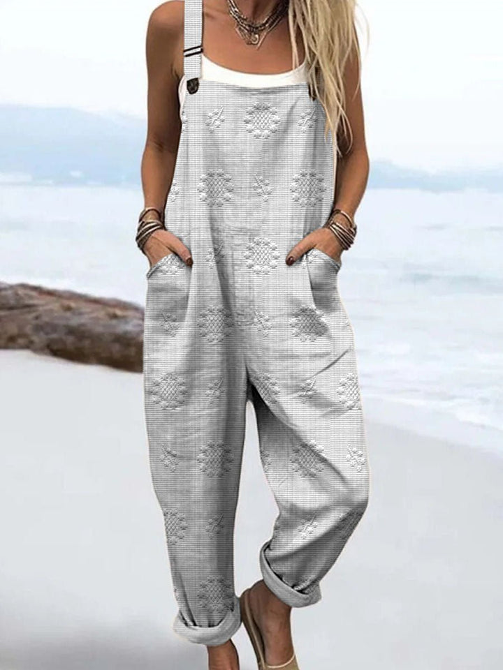 Relaxed Pattern Jumpsuit Wide Leg Adjustable Straps - White