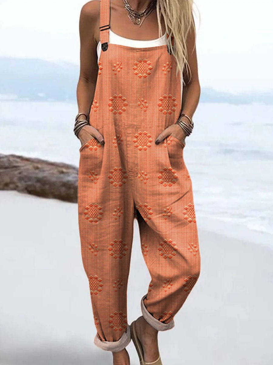 Relaxed Pattern Jumpsuit Wide Leg Adjustable Straps - Orange