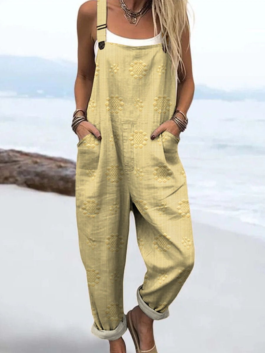 Relaxed Pattern Jumpsuit Wide Leg Adjustable Straps - LightYellow