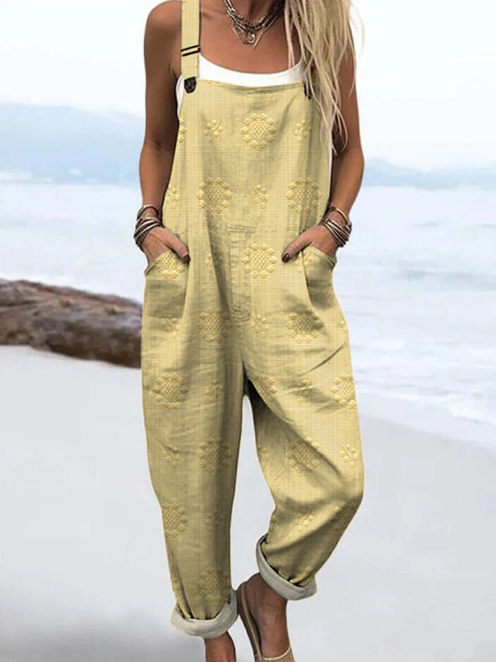 Relaxed Pattern Jumpsuit Wide Leg Adjustable Straps - LightYellow