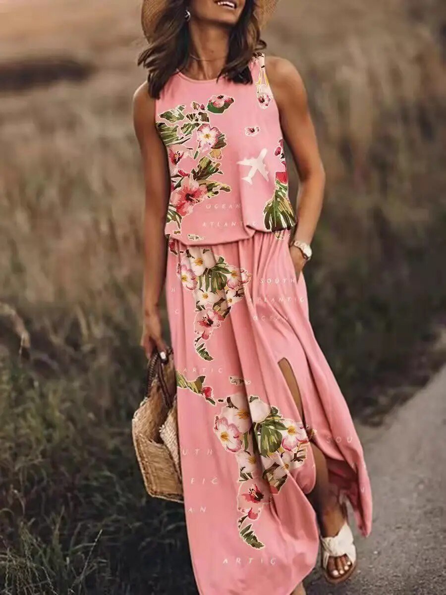 Sleeveless Maxi Dress Elastic Waist Boho Summer Flowing - Pink