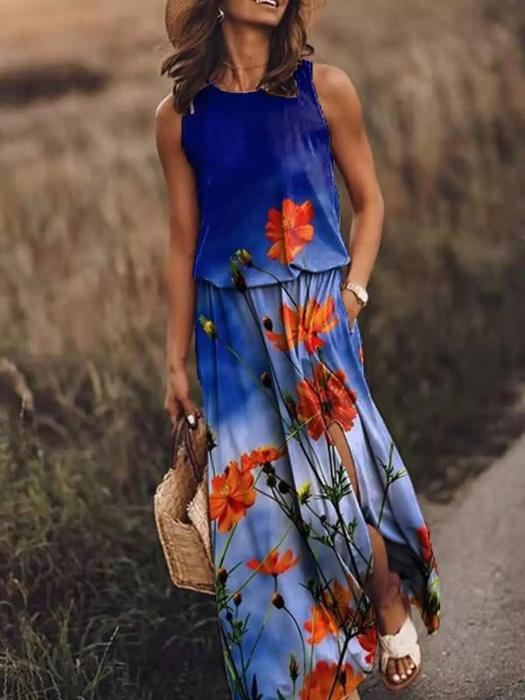 Sleeveless Maxi Dress Elastic Waist Boho Summer Flowing - Blue