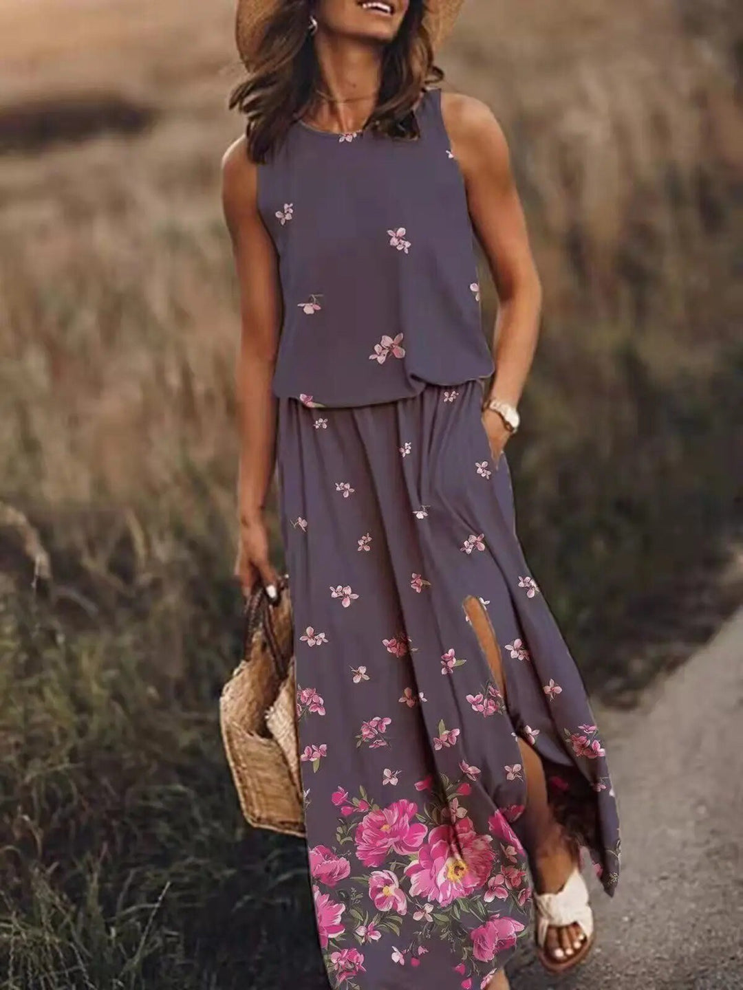Sleeveless Maxi Dress Elastic Waist Boho Summer Flowing - Purple