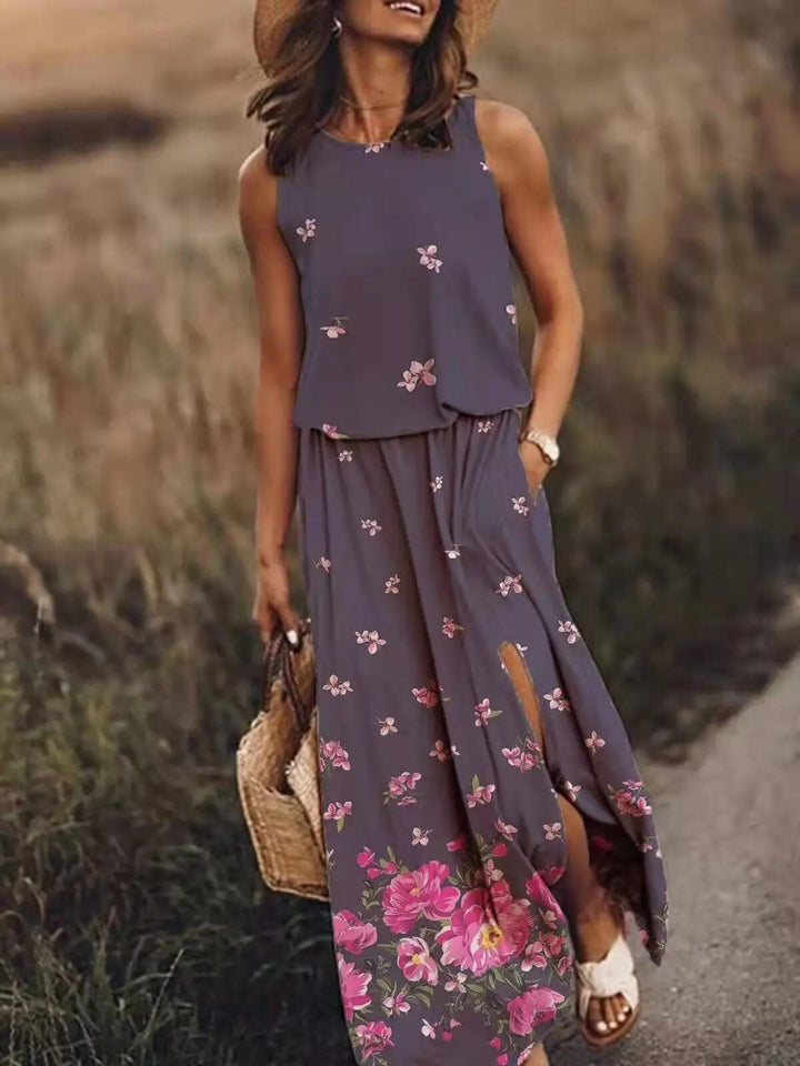 Sleeveless Maxi Dress Elastic Waist Boho Summer Flowing - Purple