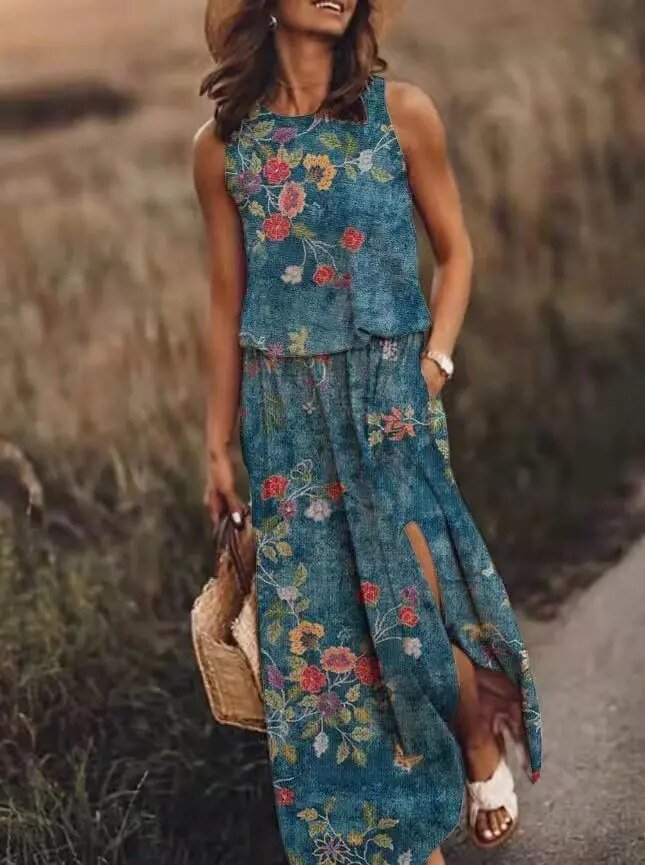 Sleeveless Maxi Dress Elastic Waist Boho Summer Flowing - Light Blue