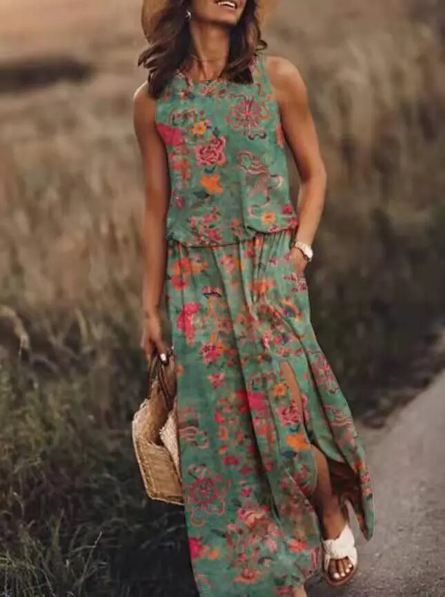 Sleeveless Maxi Dress Elastic Waist Boho Summer Flowing - Light Green