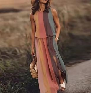 Sleeveless Maxi Dress Elastic Waist Boho Summer Flowing - Ombre