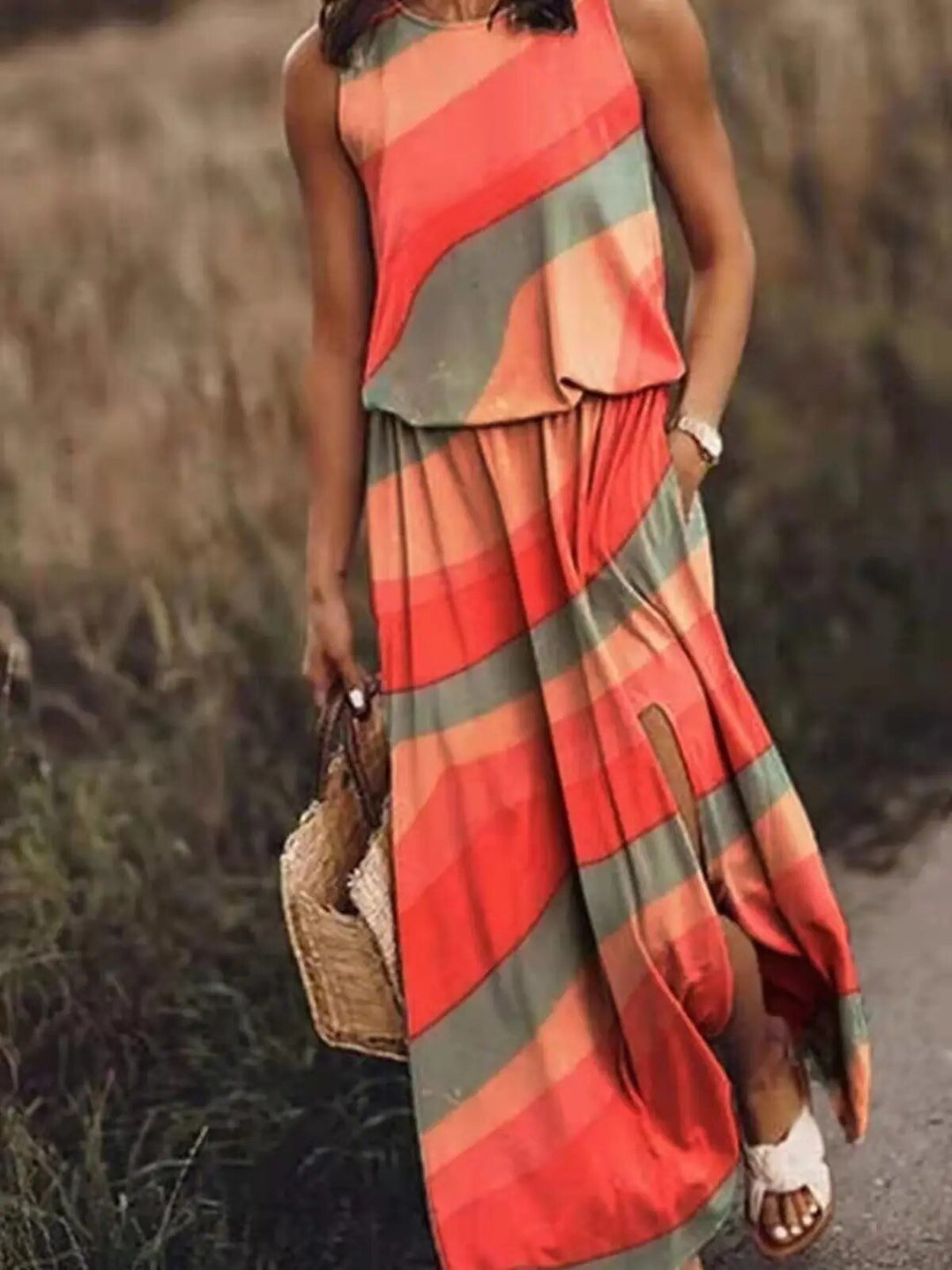 Sleeveless Maxi Dress Elastic Waist Boho Summer Flowing - Orange