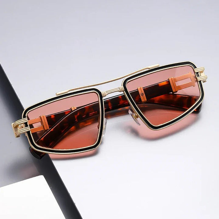Sunglasses Angular Titanium Frame UV400 Double Bridge - Deep Amber