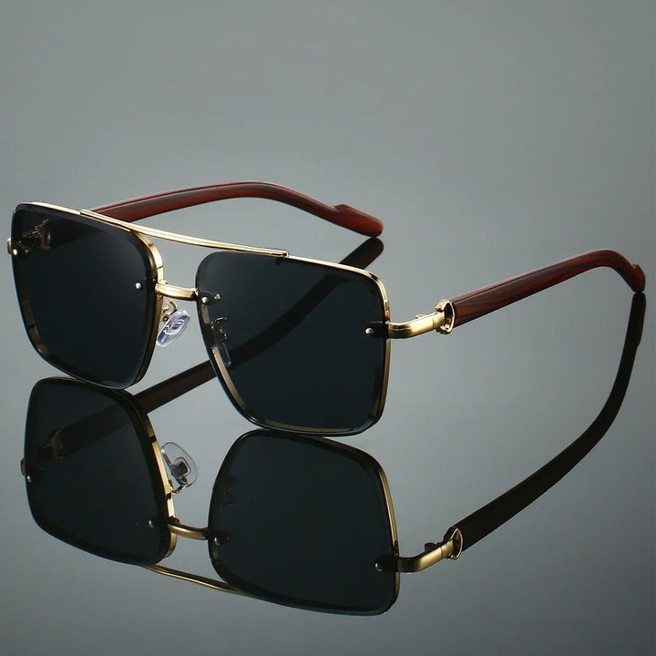 Sunglasses Aviator Style Gold Frame Wooden Temple Arms - Black