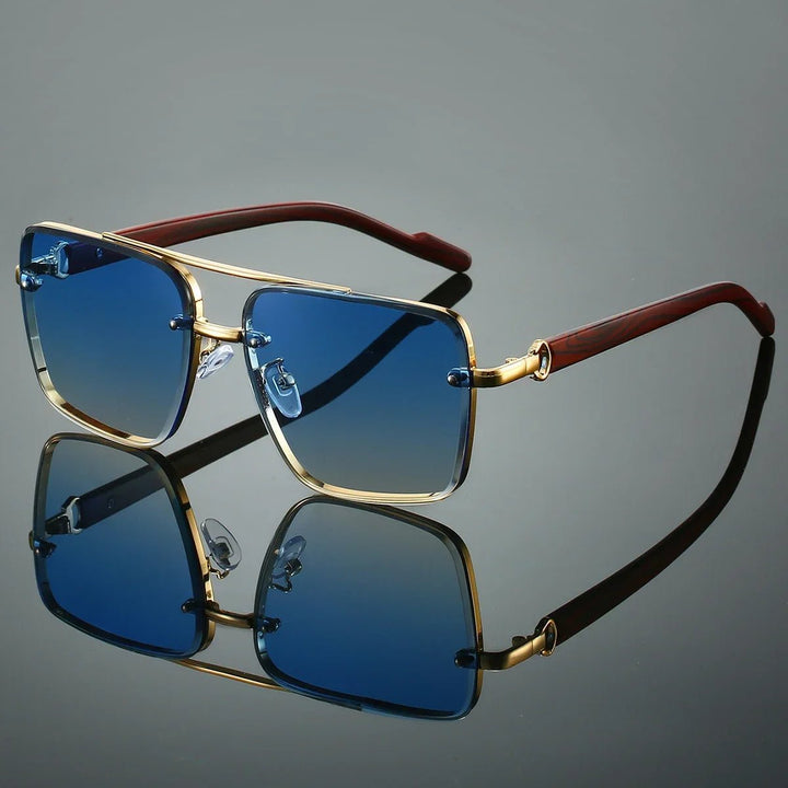Sunglasses Aviator Style Gold Frame Wooden Temple Arms - Blue