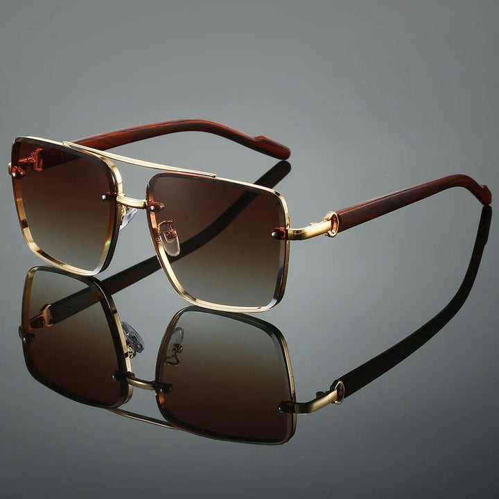 Sunglasses Aviator Style Gold Frame Wooden Temple Arms - Brown