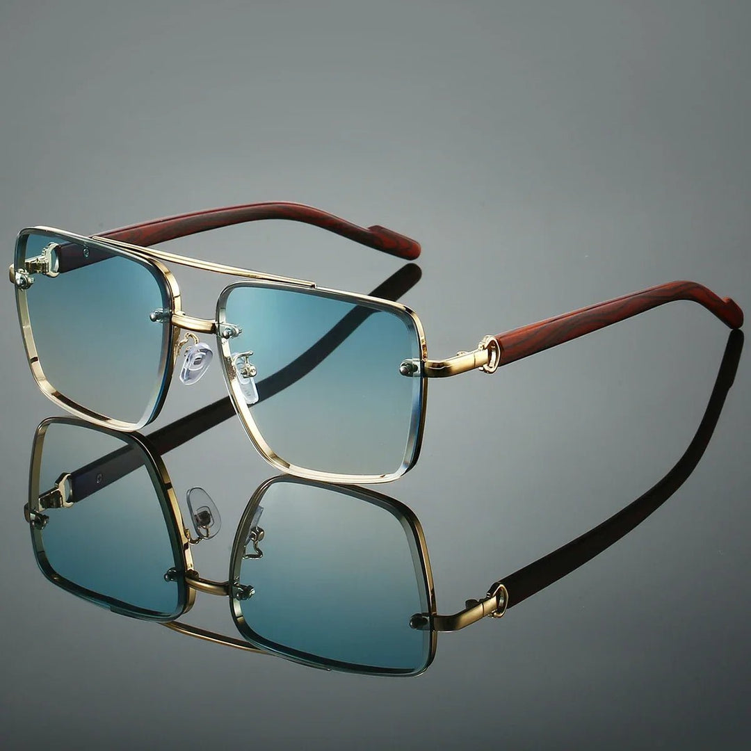 Sunglasses Aviator Style Gold Frame Wooden Temple Arms - Green