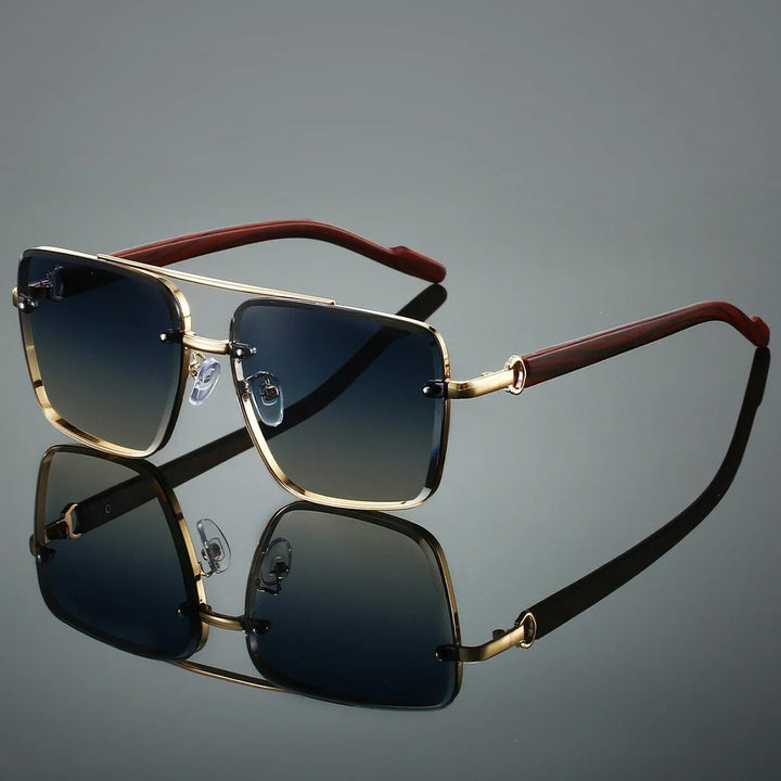 Sunglasses Aviator Style Gold Frame Wooden Temple Arms - Gold
