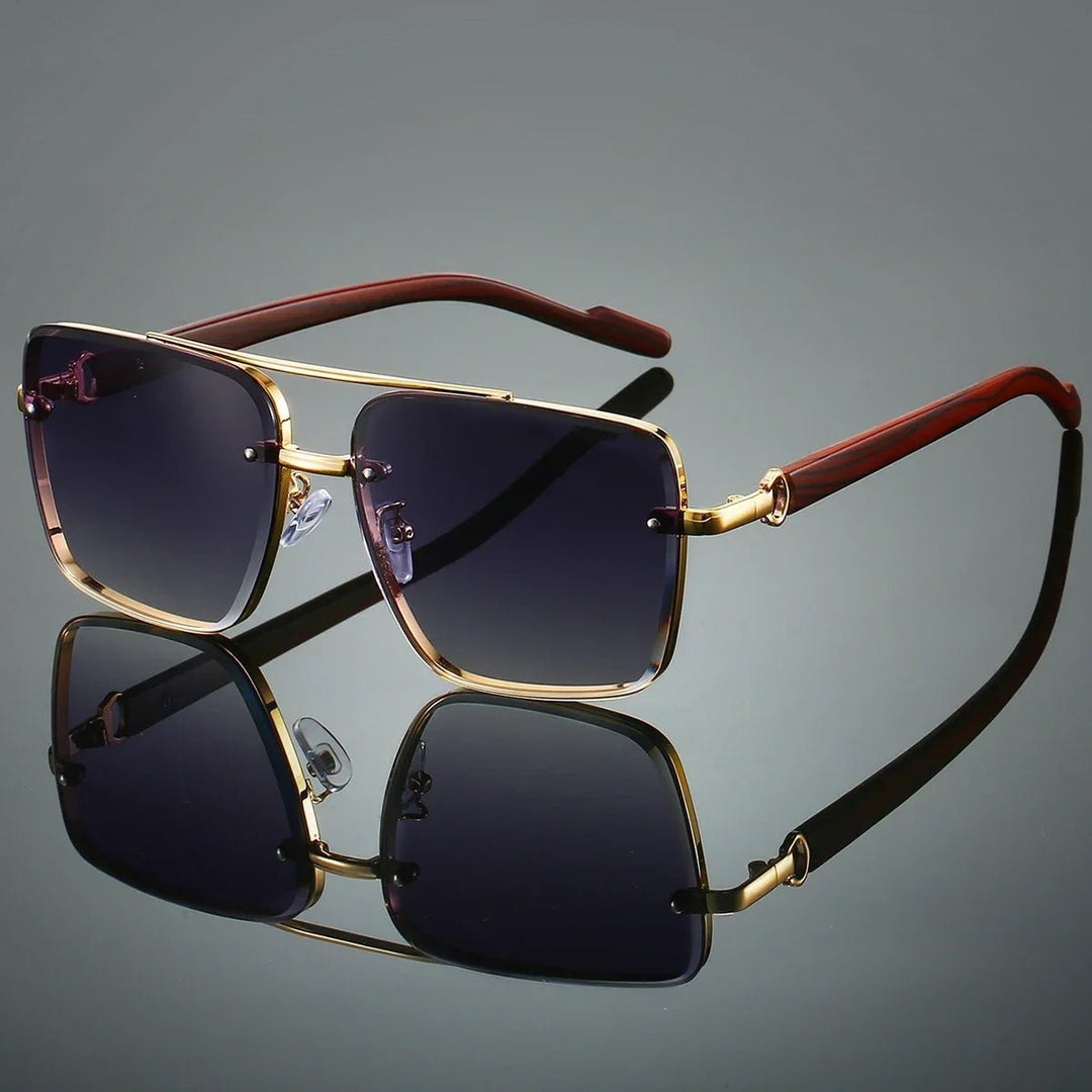 Sunglasses Aviator Style Gold Frame Wooden Temple Arms - Gray