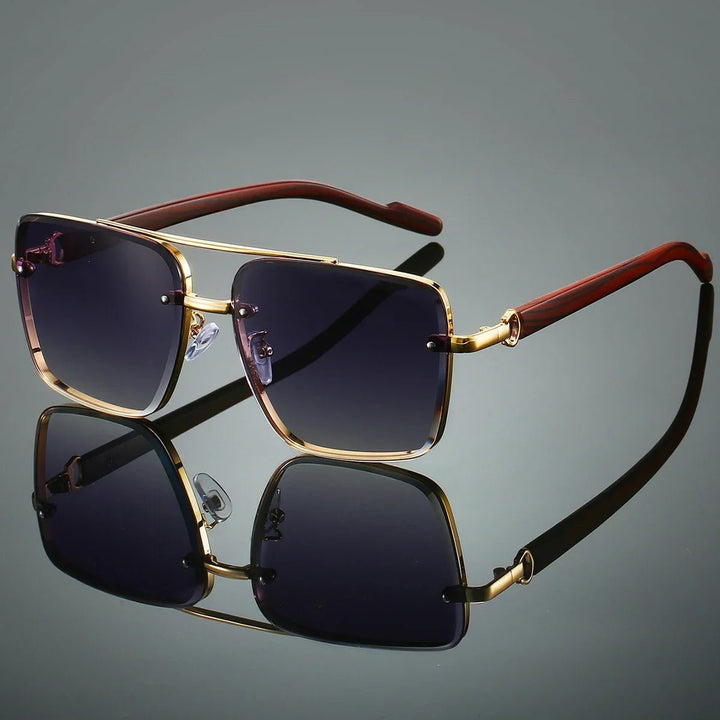 Sunglasses Aviator Style Gold Frame Wooden Temple Arms - Gray