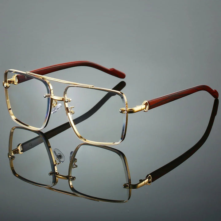 Sunglasses Aviator Style Gold Frame Wooden Temple Arms - White