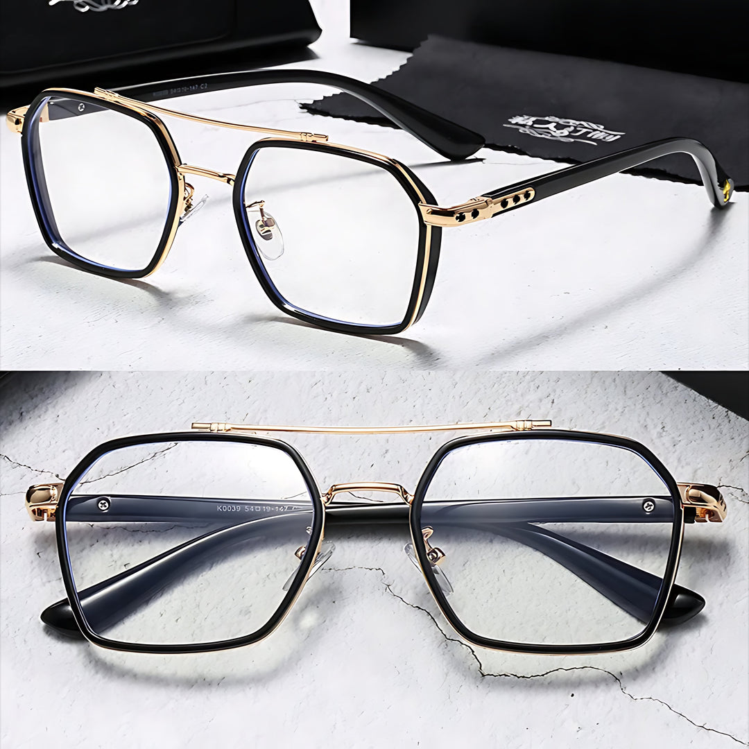 Sunglasses Blue Light Blocking Square Frame Clear Lens - Black Gold