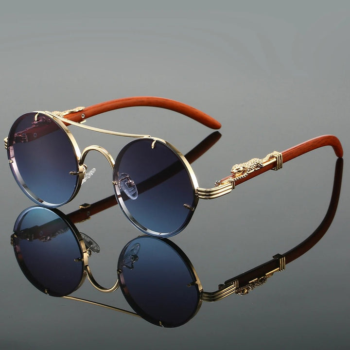 Sunglasses Double Bridge Vintage Gold Frame Blue Gradient - Gray Blue
