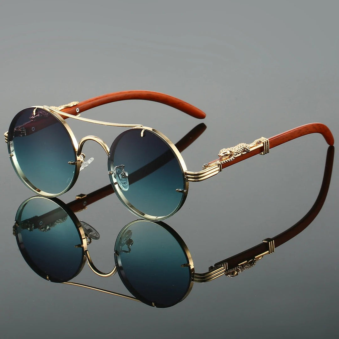 Sunglasses Double Bridge Vintage Gold Frame Blue Gradient - Gray Green