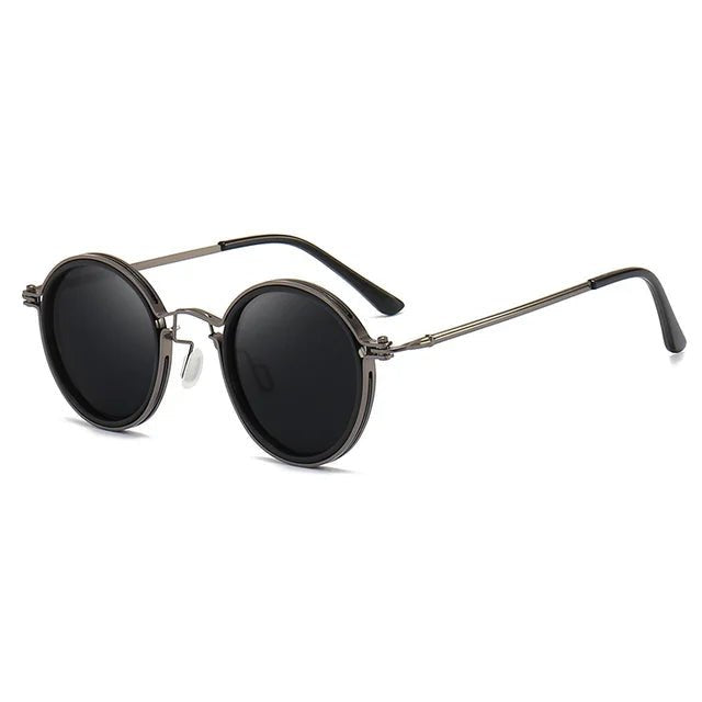 Sunglasses Polarised Round Frame Gold Metal Temples - Gunmetal Black