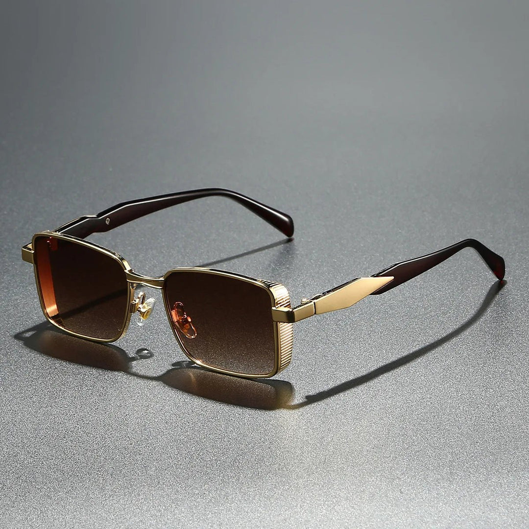 Sunglasses Rectangle Gold Metal Frame UV400 Protection - Brown