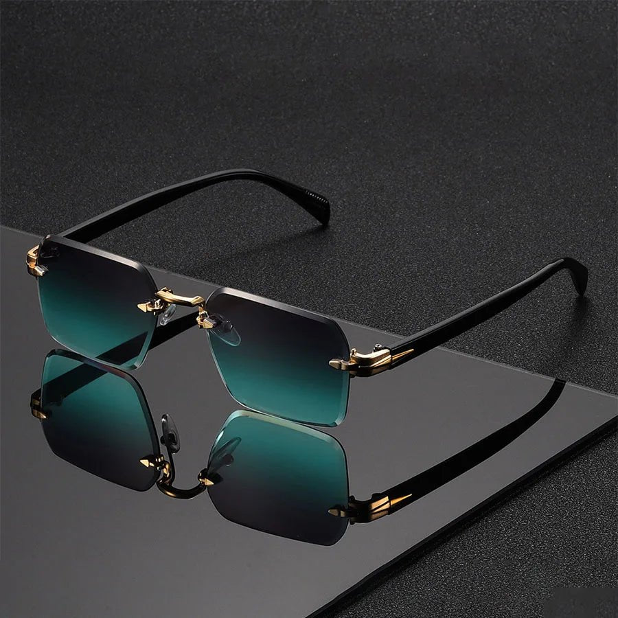 Sunglasses Rimless Gold Bridge Gradient Tinted Lenses - Green