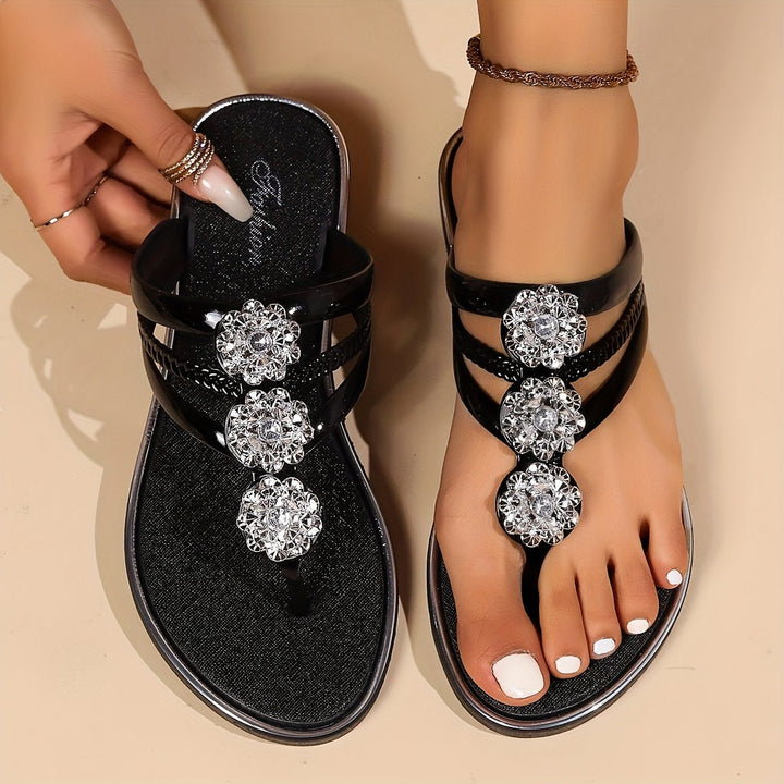 T-Strap Flat Sandals Rhinestone Embellished Slip-On - Black