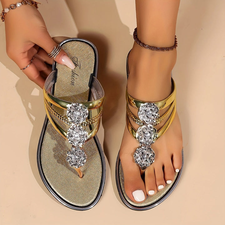 T-Strap Flat Sandals Rhinestone Embellished Slip-On - Gold