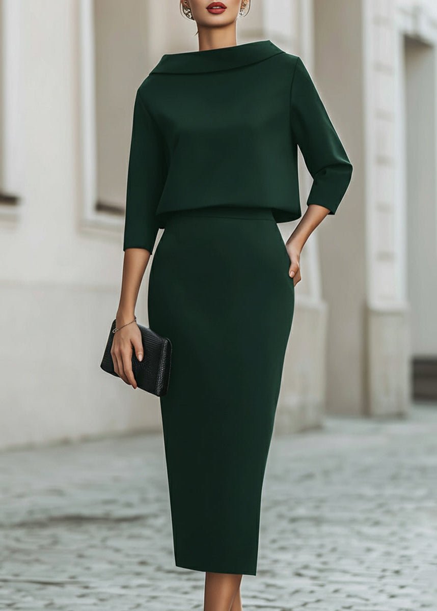 Two Piece Midi Skirt Set Boat Neck 3/4 Sleeves Crepe - Emerald Green
