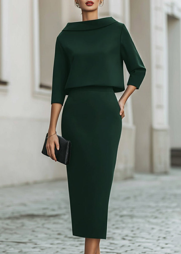 Two Piece Midi Skirt Set Boat Neck 3/4 Sleeves Crepe - Emerald Green