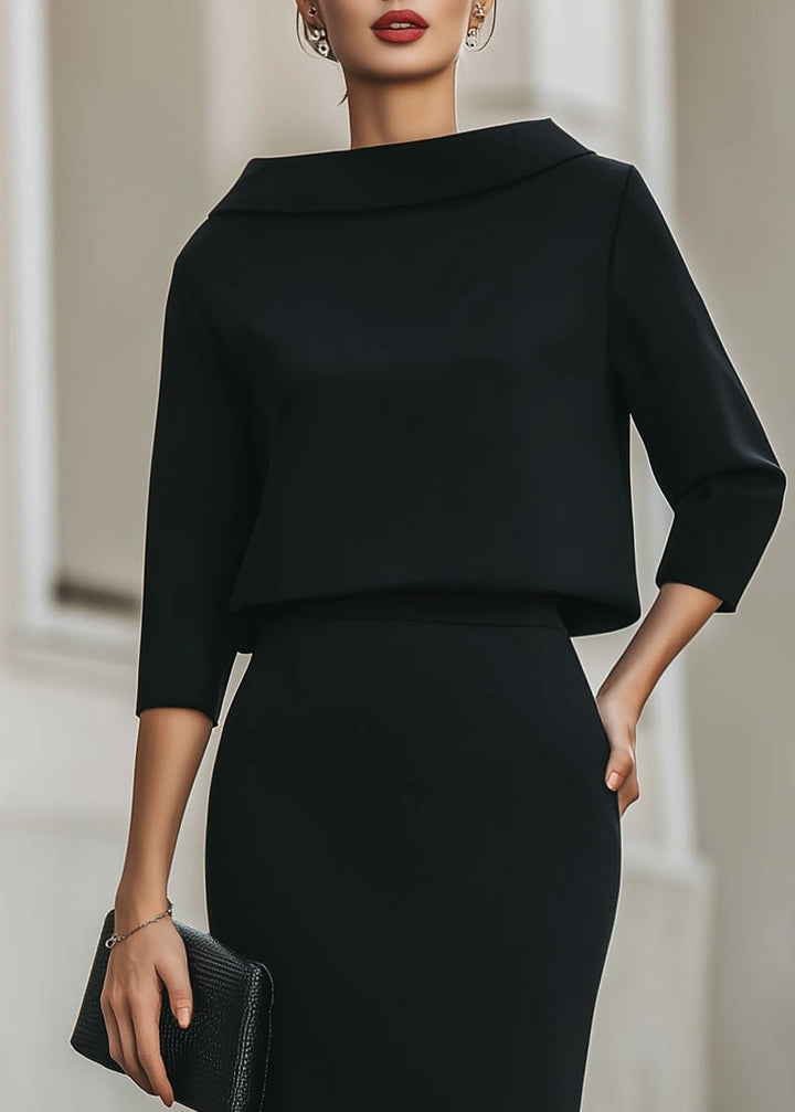Two Piece Midi Skirt Set Boat Neck 3/4 Sleeves Crepe