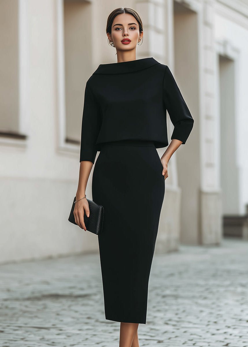Two Piece Midi Skirt Set Boat Neck 3/4 Sleeves Crepe