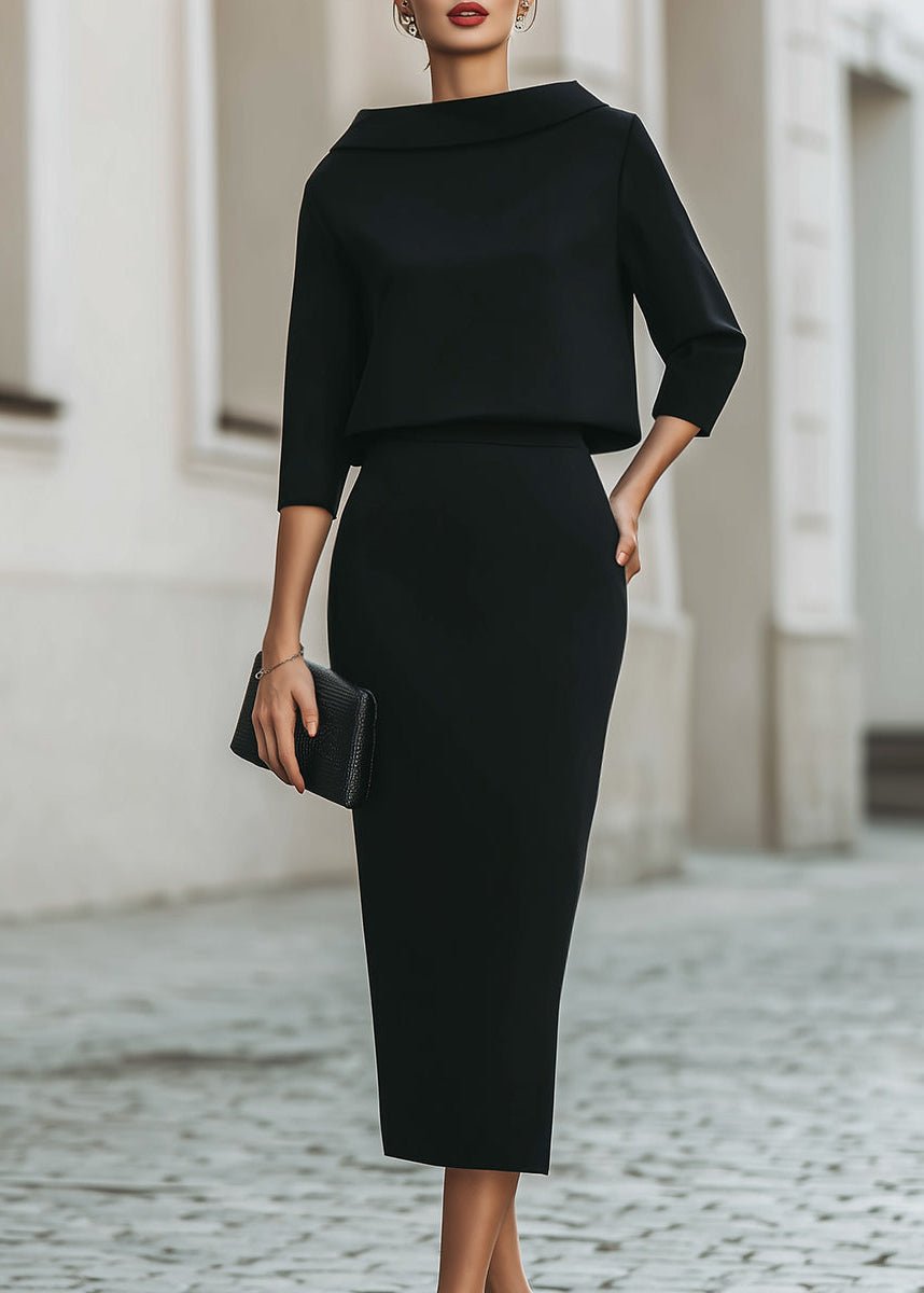 Two Piece Midi Skirt Set Boat Neck 3/4 Sleeves Crepe - Black