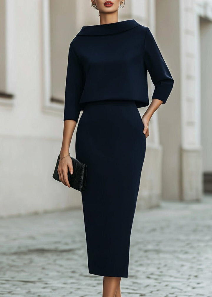 Two Piece Midi Skirt Set Boat Neck 3/4 Sleeves Crepe - Navy Blue