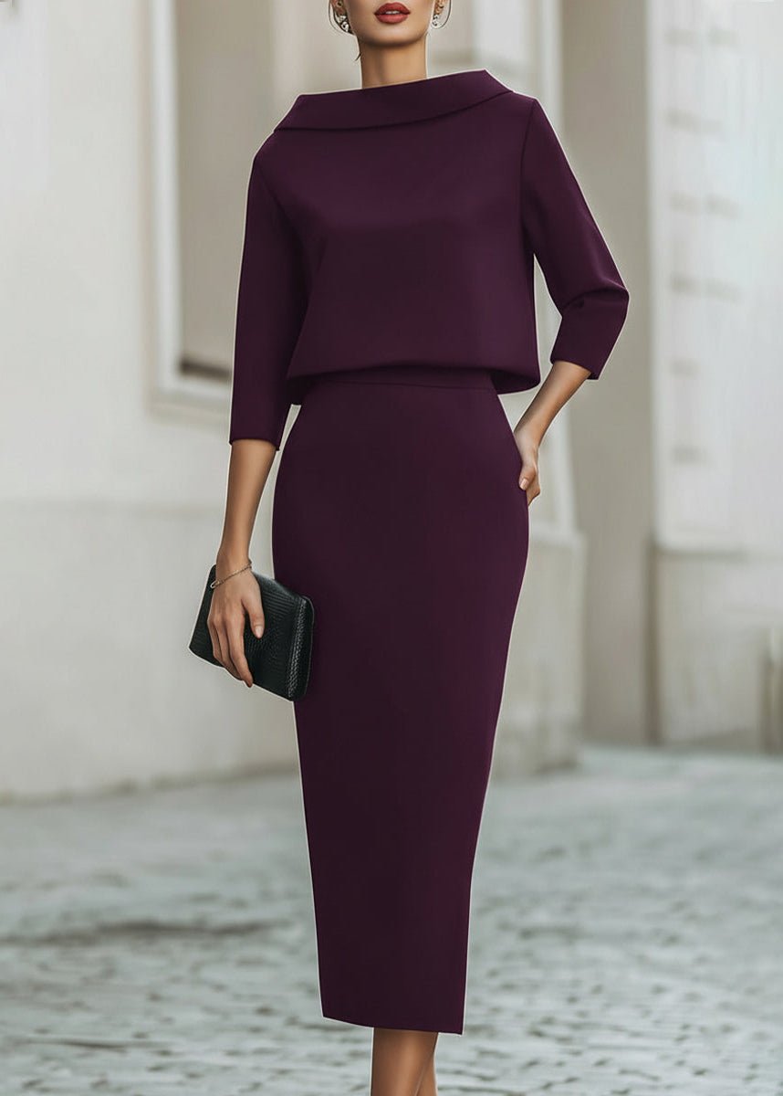 Two Piece Midi Skirt Set Boat Neck 3/4 Sleeves Crepe - Purple