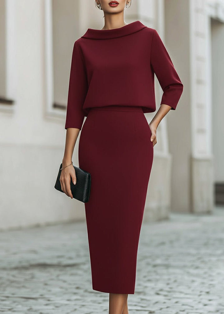 Two Piece Midi Skirt Set Boat Neck 3/4 Sleeves Crepe - Burgundy